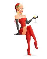 Pretty woman in red Christmas Santa costume sitting and holding glass of champagne. Cartoon vector illustration isolated on white background.