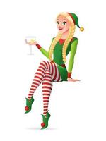 Beautiful woman in green Christmas elf costume celebrating with glass of champagne. Cartoon style vector illustration isolated on white background.