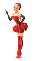 mujer bonita en traje rojo de santa claus con el dedo apuntando hacia arriba. Ilustración de vector de Navidad de estilo de dibujos animados aislado sobre fondo blanco.