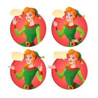 Vector set of woman in green Christmas elf costume in different poses with various speech bubbles waving, finger pointing up, showing OK sign gesture and presenting.
