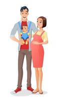 Cute smiling cartoon family with a baby in carrier and expecting another child. Vector illustration isolated on white background.