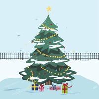 Decorated christmas tree with gift boxes, star, lights, decoration balls and lamps. Merry Christmas and a happy new year. Modern flats style vector illustration.