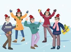 Group of Young People Characters Holding Wine Glasses with Beverages and Sparklers Celebrating Holiday, Dancing, exchanging gifts Drink Alcohol Cocktail on Party. vector