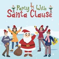 Christmas party celebration with santa Claus. Group of men and girls wearing Santa Claus costumes and clothes, dancing. Minimal modern flat vector illustration set.