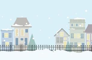 Vector illustration of winter city park with snow and big modern city background. Christmas winter city skyline. Cute styled modern flat vector illustration background scene.