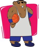 personaje de marmota antropomorfizado vestido de jugador de baloncesto. marmota con pantalones cortos en la cintura y bandas de sudor que muestran el espíritu deportista. Fondo de colores con forma orgánica abstracta. vector