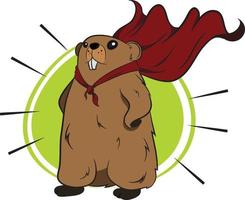 Anthropomorphized Groundhog character dressed as a superhero with cape. Groundhog wearing standing in superhero pose. Colorful background with abstract organic shape. vector