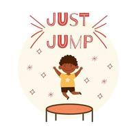 Cute little smiling boy jumping on trampoline Flat vector illustration isolated on a white background