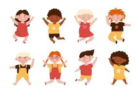 Vector conjunto plano de niños felices saltando grupo de niños con diferentes nacionalidades y culturas amigos con diferente color de piel y cabello aislado en un fondo blanco