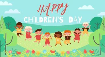 Happy childrens day concept Flat vector illustration with jumping happy  smiling kids 4543078 Vector Art at Vecteezy