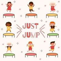 Vector set of happy trampoline jumping kids Group childrens with different nationalites and cultures friends with different skin and hair color make funny exercise Isolated on a white background