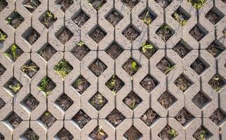 Background from paving slabs with grass sprouting through them. Stone tiles on the sidewalk. Footpath. Textured patterned background. Eco-friendly covering - concrete lawn grating. photo