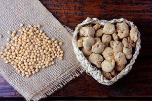 Soybean meat, chunks in a basket with heart shape. Raw soybeans chunks on rustic wooden background photo