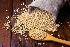 raw and fresh soy beans in rustic fabric bag on wooden table. Closeup photo