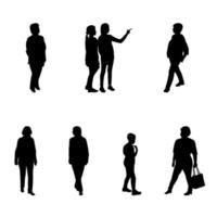 grupo de personas adultos y niños que caminan por su propio negocio. Ilustración de vector de silueta en blanco y negro.
