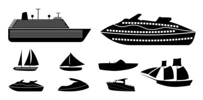 Set of different types of boats for recreation and fishing on river and sea, liners for vacation on ocean. Silhouette Vector Illustration.