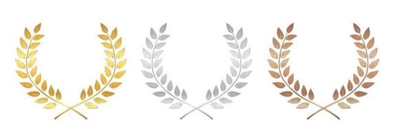 Golden, silver and bronze Award Laurel Wreath isolated on white background . Winner Leaf label,  Symbol of Victory. Vector Illustration