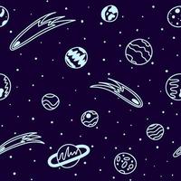 patrón de espacio. planetas y cometas sobre un fondo de un cielo estrellado azul con líneas en el estilo de doodle vector