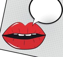 Labios rojos abiertos con fondo de arte pop de burbujas de discurso en la ilustración de vector de fondo de puntos