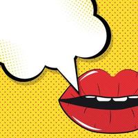 Labios rojos abiertos con fondo de arte pop de burbujas de discurso en la ilustración de vector de fondo de puntos