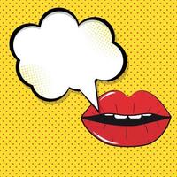 Open Red Lips with Speech Bubble Pop Art Background On Dot Background Vector Illustration