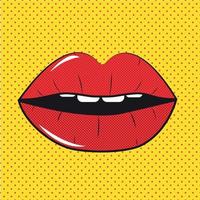 Open Red Lips Pop Art Background On Dot Background Vector Illustration