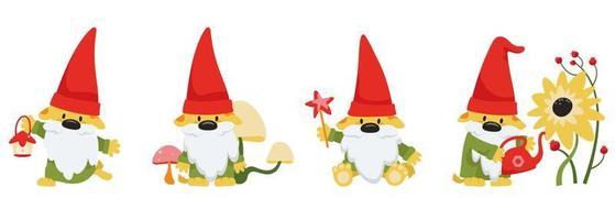 Dog gnome in different poses. Fairytale character in cartoon style vector