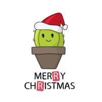 Cactus gordo lindo y divertido con gorro de Papá Noel para Navidad y sonriendo - vector