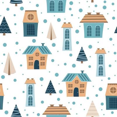Seamless city pattern. Cartoon colored houses of different sizes endless design