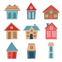 Set of cartoon funny houses in flat design on a white background. Blue and red vector