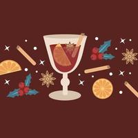 Hot mulled wine in a glass. Elements and spices for a drink on a burgundy vector