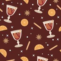 Winter mulled wine seamless pattern with hot red wine and spices on burgundy vector