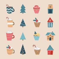 feliz navidad conjunto de iconos. iconos de vacaciones. tazas, cupcakes, casas y árboles vector