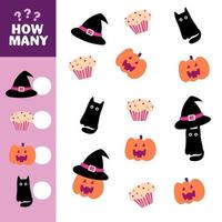 Educational activity worksheet for kids. Counting children game of Halloween vector