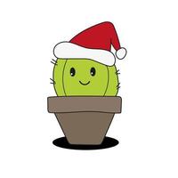 Cactus gordo lindo y divertido con gorro de Papá Noel para Navidad y sonriendo - vector