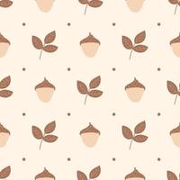 A minimalistic pattern in beige tones - acorn and leaves. Seamless pattern vector
