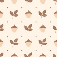 A minimalistic pattern in beige tones - acorn and leaves. Seamless pattern vector
