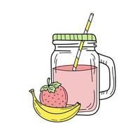 Banana and strawberry smoothie or lemonade in glass jar. Fresh summer drink vector