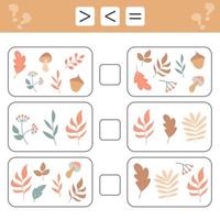 Comparing numbers. Less than, greater than, equal. Forest Autumn leaves vector