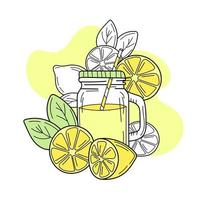 Yellow lemons and lemonade in glass jar. Fresh summer drink vector