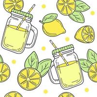 Patrón sin fisuras con limones de dibujos animados y un frasco de vidrio con limonada vector