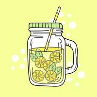 Yellow lemons and lemonade in glass jar. Fresh summer drink vector