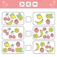 Less than, greater than, equal. Count as many fruits in the picture vector