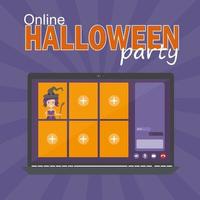concepto de fiesta de halloween en línea, pantalla de computadora con videoconferencia vector
