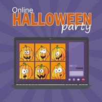 concepto de fiesta de halloween en línea, pantalla de computadora con videoconferencia vector