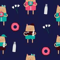 Cute Handdrawn Cat Seamless Pattern Vector Illustration