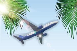 Naturalistic view of an airplane flying in the sky against the background of palm leaves. vector