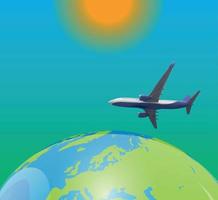 Naturalistic view of an airplane flying in the sky above planet Earth. Vector Illustration. EPS10