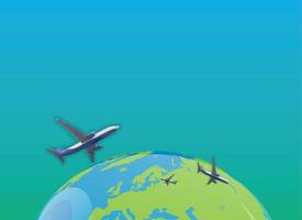 Naturalistic view of an airplane flying in the sky above planet Earth. Vector Illustration. EPS10