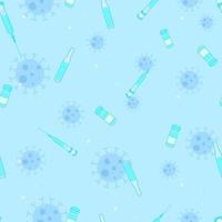 Blue dreamy seamless pattern of virus vaccine with bottles syringes and ampules. Vector EPS 10